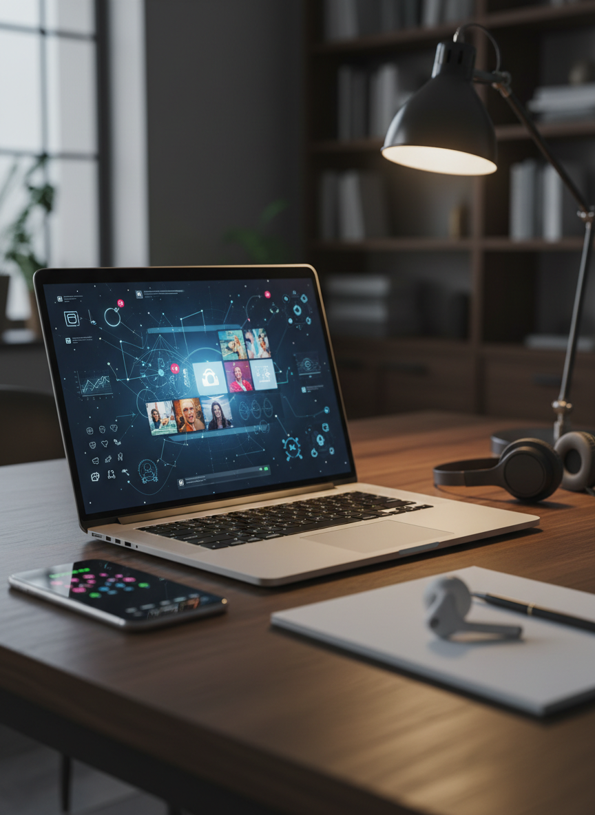 Um close fotográfico de uma tela de notebook de última geração apoiado em uma mesa de madeira escura, exibindo um feed de rede social estilizado, com imagens vibrantes, gráficos de engajamento e ícones abstratos, tudo sem qualquer texto legível. Ao lado do notebook, um smartphone mostra notificações em pequenos círculos coloridos e um par de fones de ouvido sem fio repousa sobre um bloco de notas em branco. O ambiente é um escritório sofisticado, com fundo desfocado de prateleiras e luzes pontuais quentes. A iluminação principal vem de um abajur moderno, criando brilho suave nas superfícies metálicas e um clima concentrado e tecnológico. A composição usa regra dos terços e profundidade de campo rasa para destacar o aspecto digital e dinâmico da gestão de redes sociais.