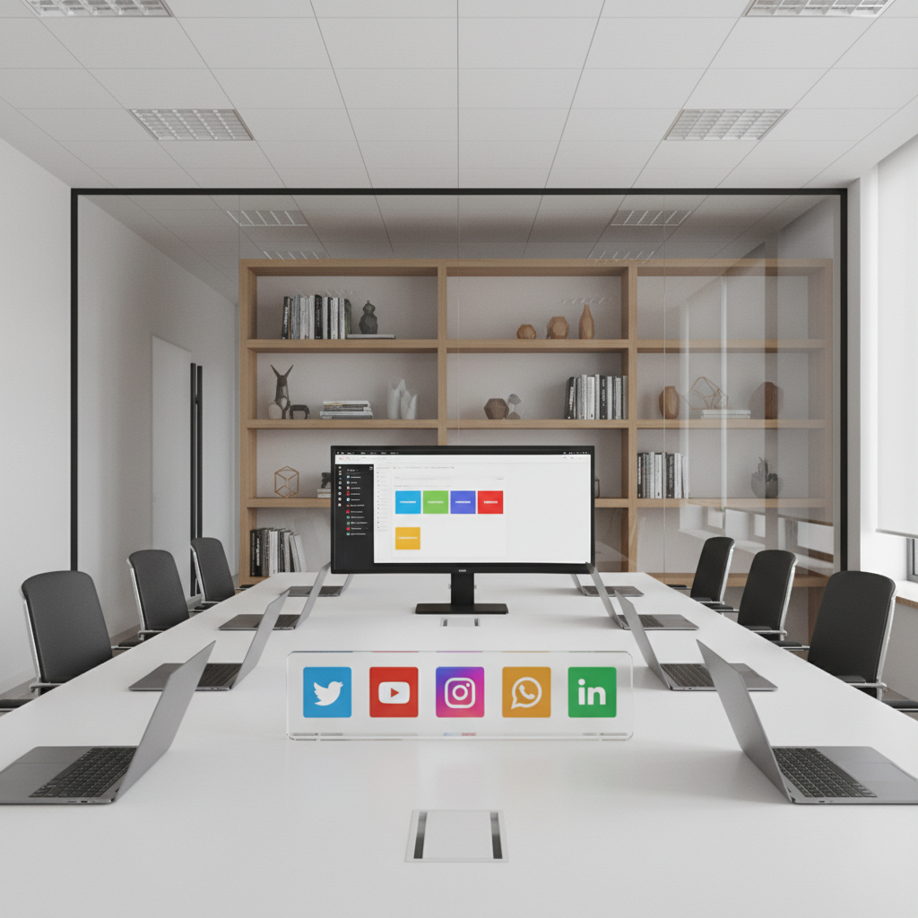 Uma sala de reunião moderna com uma grande mesa retangular de superfície branca fosca, sobre a qual repousam notebooks abertos, tablets e um grande monitor ultrawide exibindo um painel visual de planejamento de conteúdo, com blocos coloridos sem texto. No centro da mesa, um suporte com vários cartões em cores vibrantes representando diferentes redes sociais. Ao fundo, uma parede de vidro revela prateleiras com livros de comunicação e decoração em tons neutros. A iluminação é de teto, uniforme e suave, complementada por luz natural difusa entrando por janelas laterais. A cena é fotografada em leve ângulo panorâmico, com profundidade de campo média, criando sensação de colaboração, estratégia e profissionalismo em uma agência de comunicação focada em gestão de redes sociais.